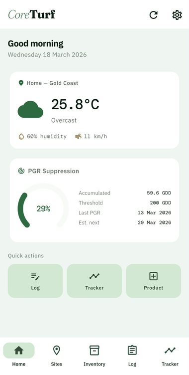 CoreTurf GDD dashboard showing heat accumulation progress ring, weather conditions, and lawn status cards