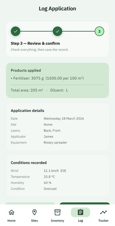 CoreTurf spray log wizard showing product selection, area, and auto-populated weather conditions
